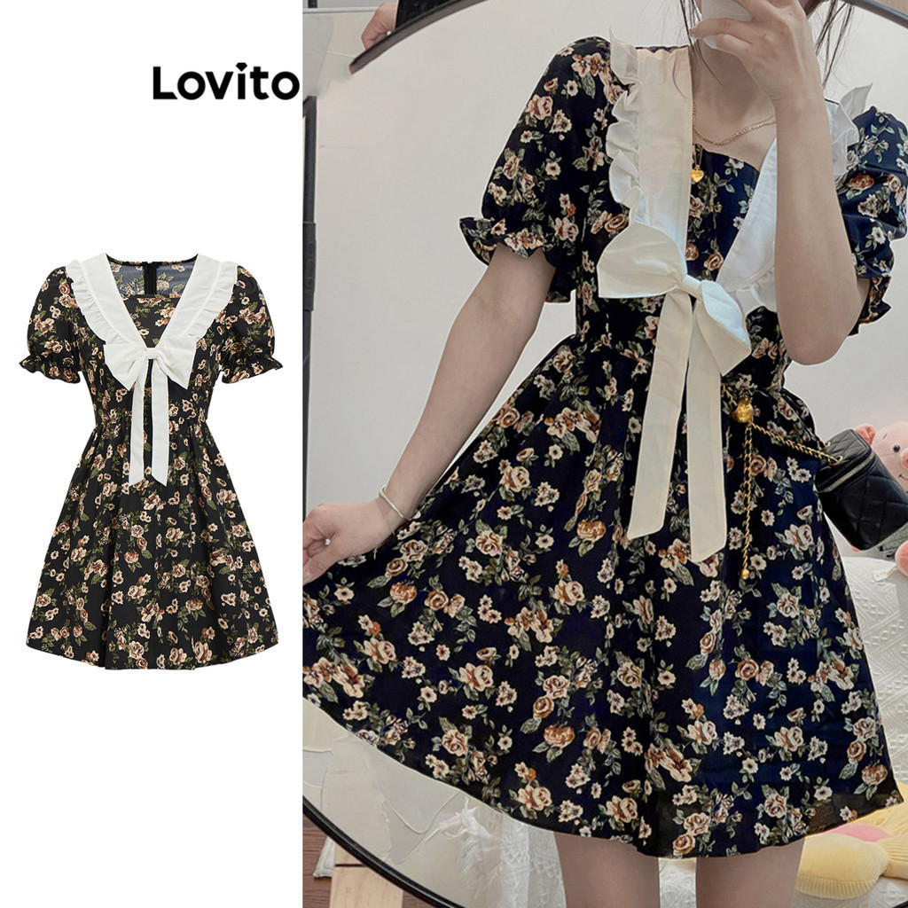 Lovito ชุดเดรสผู้หญิง ลายดอกไม้ มีจีบ แต่งขอบหยัก ประดับโบว์ สไตล์ลำลอง L85AD279