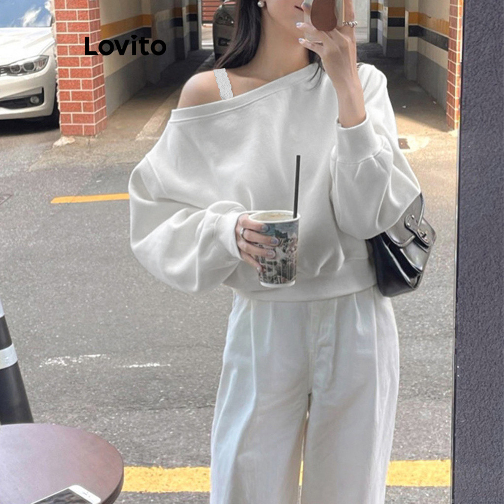 Lovito เสื้อสเวตเตอร์ลูกไม้ธรรมดาสำหรับผู้หญิง L98AD079