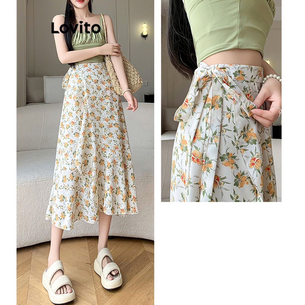 Lovito กระโปรงผู้หญิง แบบผูกเอว ลายดอกไม้ สไตล์หรูหรา LNE63040
