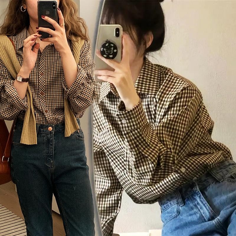 KOKO#เสื้อเชิ้ตโปโลคอปกลายสก๊อตย้อนยุคผู้หญิงเสื้อเชิ้ตแขนยาวหลวมสไตล์เกาหลีสีน้ำตาล เสื้อแฟชั่นผู้หญิง#w505