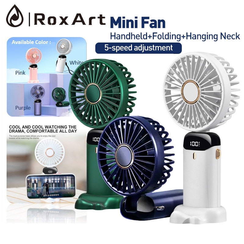 Roxart พัดลมมือถือ ขนาดเล็ก แบบพกพา พับได้ หน้าจอดิจิทัล แบตเตอรี่ 10000mA ชาร์จ USB สําหรับนักเรียน สํานักงาน