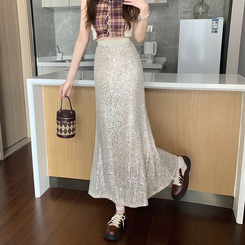 skirt กระโปรงยาวปานกลางย้อนยุคขนาดใหญ่สําหรับผู้หญิงฤดูใบไม้ร่วงกระโปรงหางปลา ก-เส้น เลื่อมห่อกระโปรง