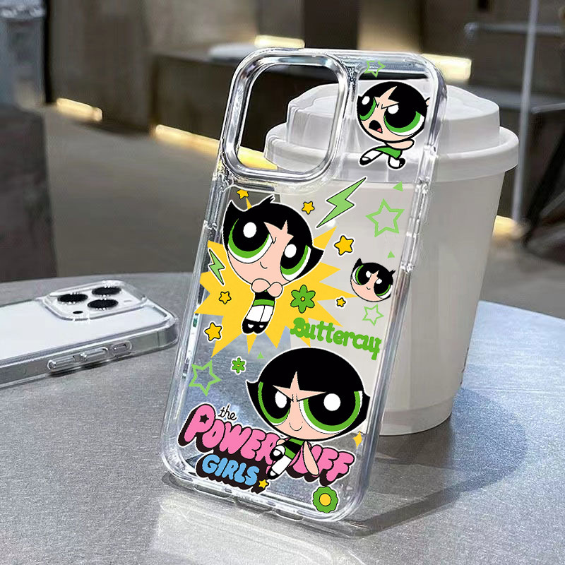 ความงามน่ารัก Powerpuff กรณีใช้งานร่วมกับ IPhone โปร่งใสปลอก 15 14 13 12 11 16 Pro Max 8 7 Plus X XR XS นุ่มหรูหรา TPU ซิลิโคนเลนส์โลหะฝาครอบโทรศัพท์