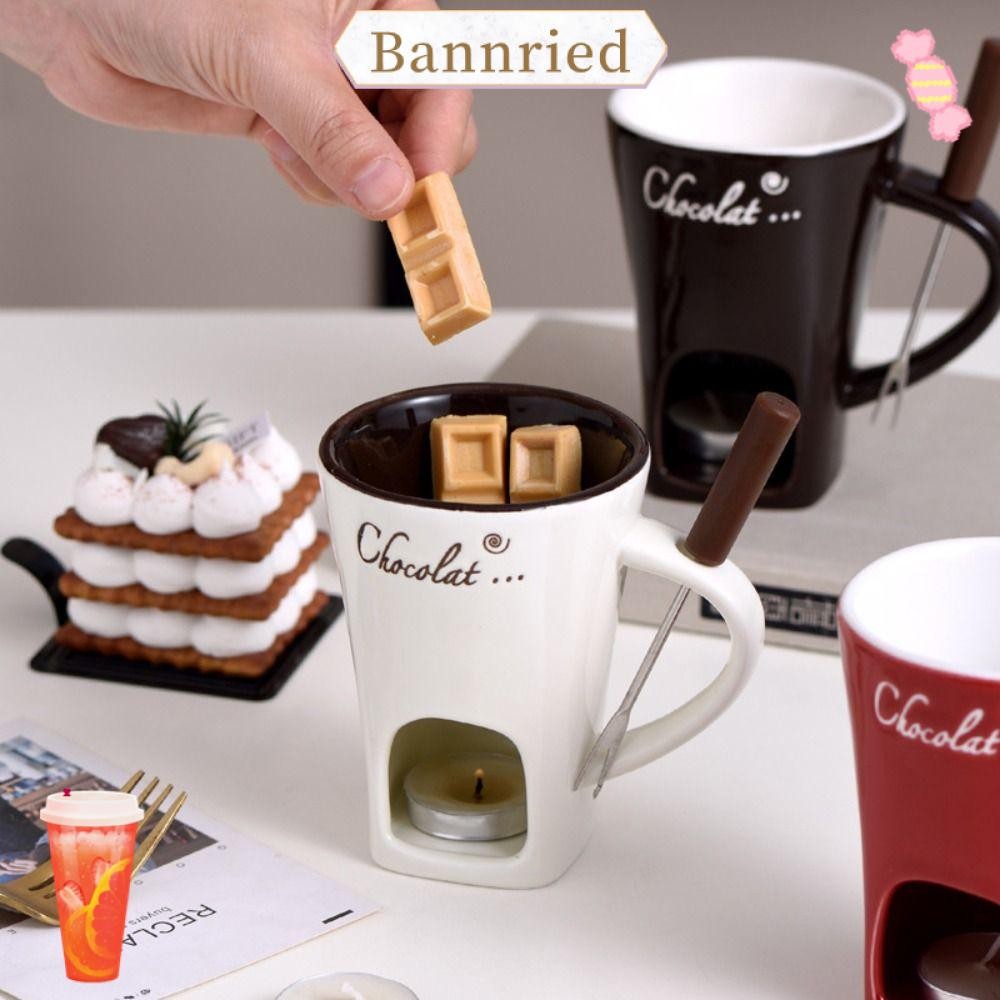 Bannriedsg989 แก้วช็อคโกแลตฟองดู เซรามิกส์พร้อมส้อม แก้วละลายช็อคโกแลต แฟชั่น มินิ เครื่องทําความร้อน หม้อไอศกรีม ถ้วยฟองดู