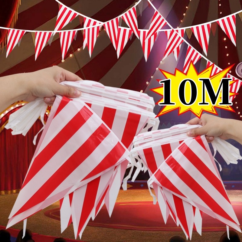 10m Carnival Theme Party Flag - Circus Pennant Banner - สีแดงสีขาวลาย Pennant สามเหลี่ยม - ธงสามเหลี่ยม - Bunting เครื่องประดับ - ตกแต่งงานเลี้ยงวันเกิด - พื้นหลังปาร์ตี้คริสต์มาส Prop