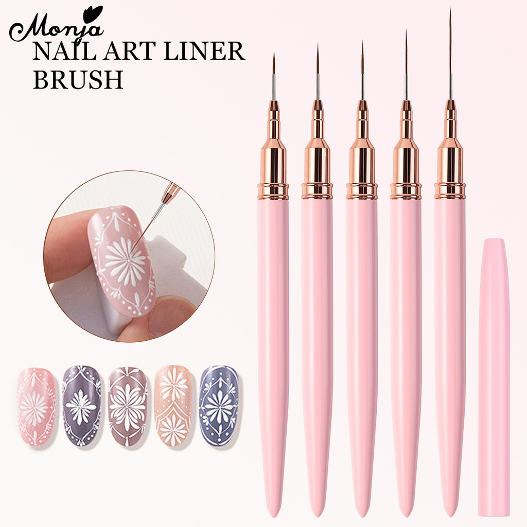 Monja Nail Art Liner แปรงชุดสีชมพู Delicated ภาพวาดดอกไม้บางยาวเส้น ปากกา DIY เล็บออกแบบเครื่องมือ