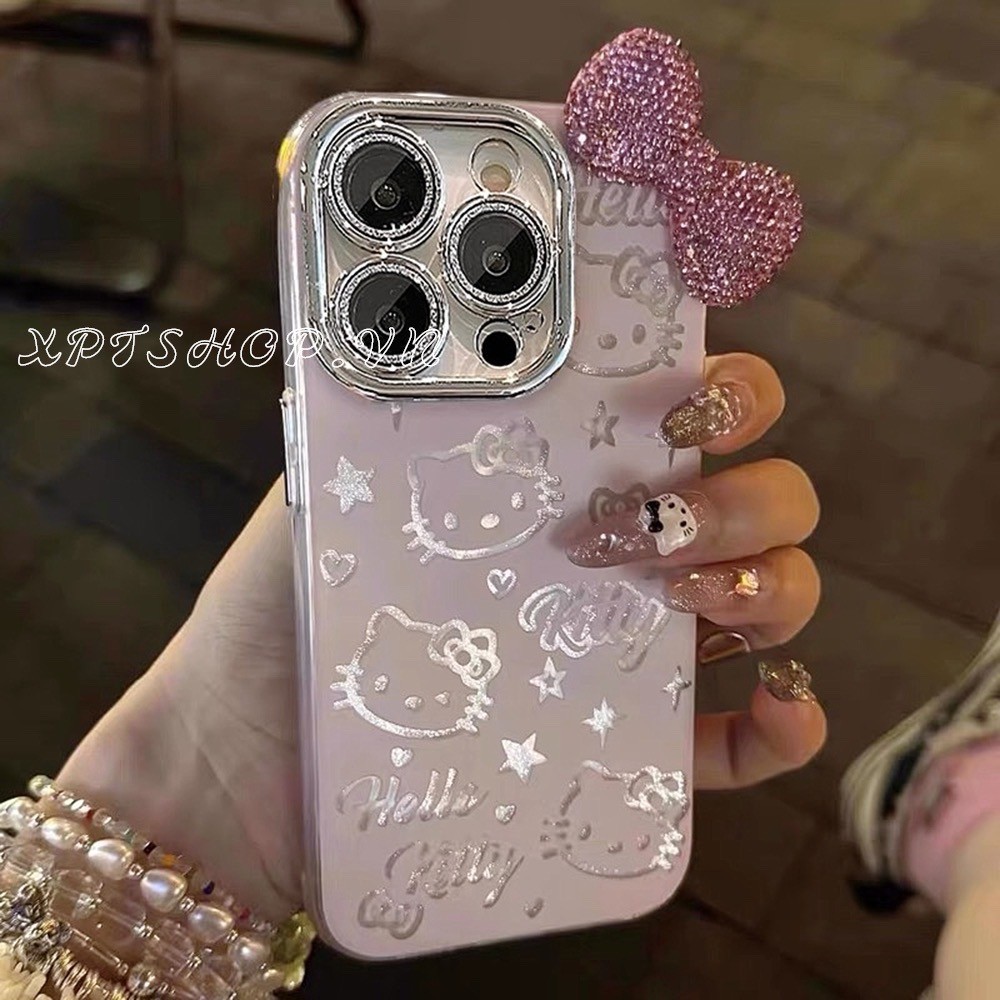 Bowknot Kitty พร้อม Glitter เลนส์ฟิล์มเคสโทรศัพท์สําหรับ iPhone 16 Pro Max 16 Pro 16 Plus 14 13 12 Pro Max 11 กันกระแทกป้องกันปลอก