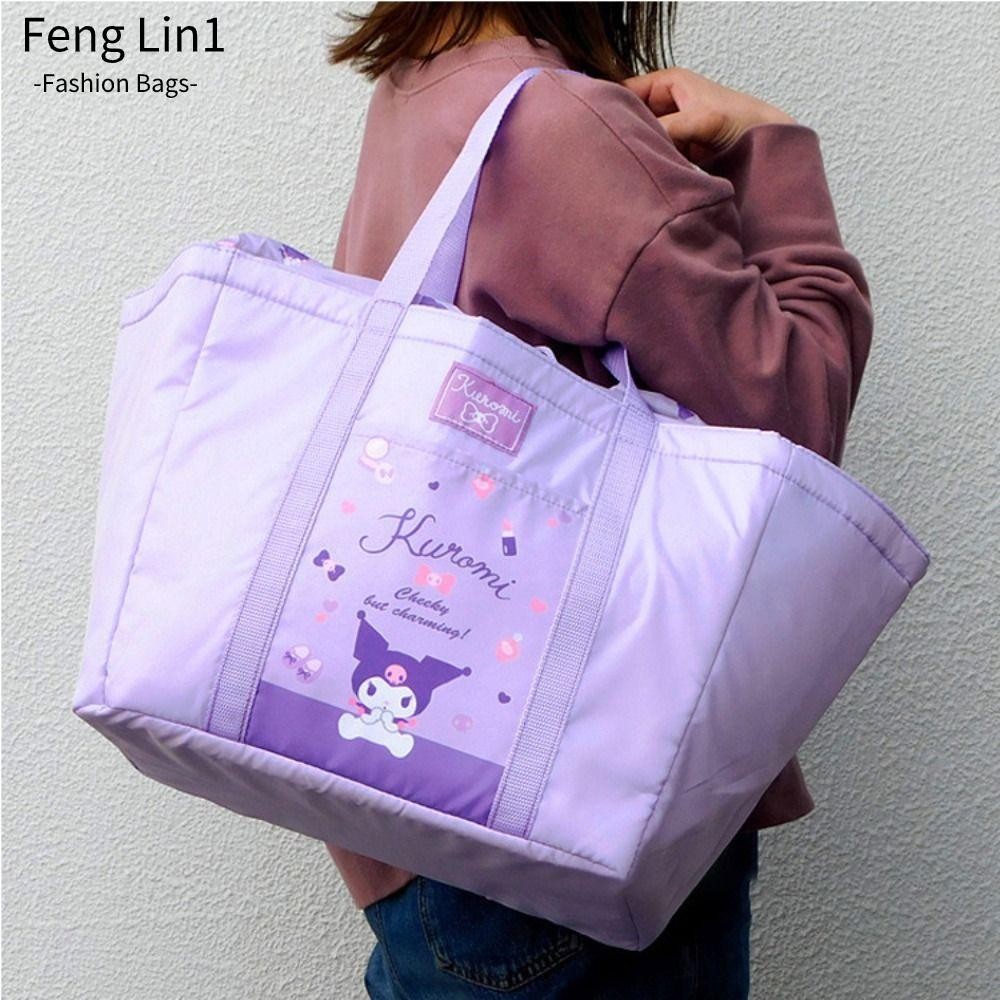 SANRIO เฟิงหลิง ถุงช้อปปิ้ง,ความจุขนาดใหญ่ทนทานถุงฉนวนกันความร้อนเย็น, ทํานอง การ์ตูน ซานริโอ คุณภาพสูงเชือก เชือกรูด ออกแบบกระเป๋าสะพาย
