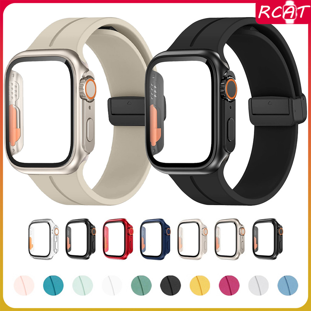 สายซิลิโคนแม่เหล็ก PC สำหรับ for Apple Watch 40  42 46 45 38 มม.ป้องกันหน้าจอสำหรับ for IWatch series 11 10 9 8 7 6 SE 3