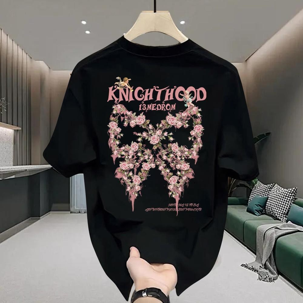 Basi เสื้อยืด oversize unisex สกรีนหน้าหลัง ลาย "KNICHTHOOD" Butterfly ผ้าคอตตอน100% เนื้อผ้าเกรดพรีเมียม คอกลม ใส่สบาย