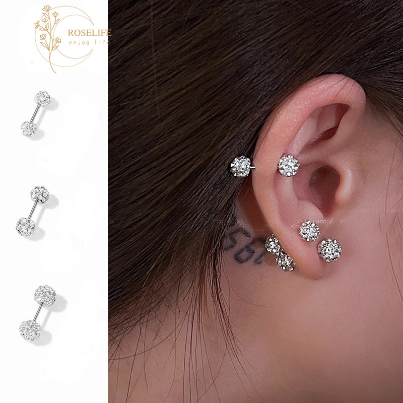 Roselife 1PC Luxury Shining Silver Crystal Ball สกรูต่างหูสําหรับผู้หญิงสาว Hypoallergenic Pierced หู Studs เครื่องประดับ
