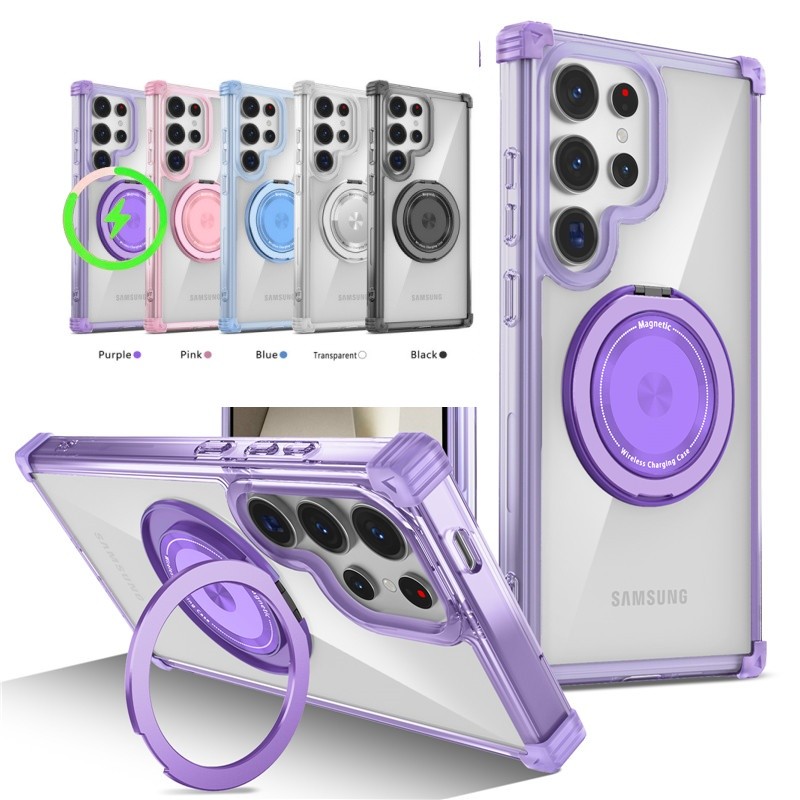 Magnetic Rotatable Bracket Case Casing Samsung Galaxy S25 S24 S23 S22 S21 Ultra Plus S24 S23 FE Cover with Ring Stand Wireless Charging Four Coner Anti-drop Back Shell