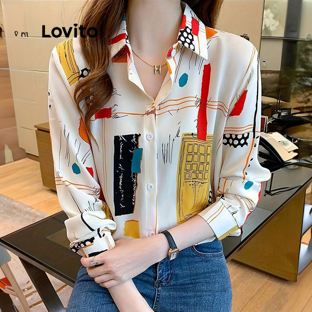 Lovito เสื้อเบลาส์ผู้หญิง พิมพ์ลายภาพวาด สไตล์ลำลอง LNL71106
