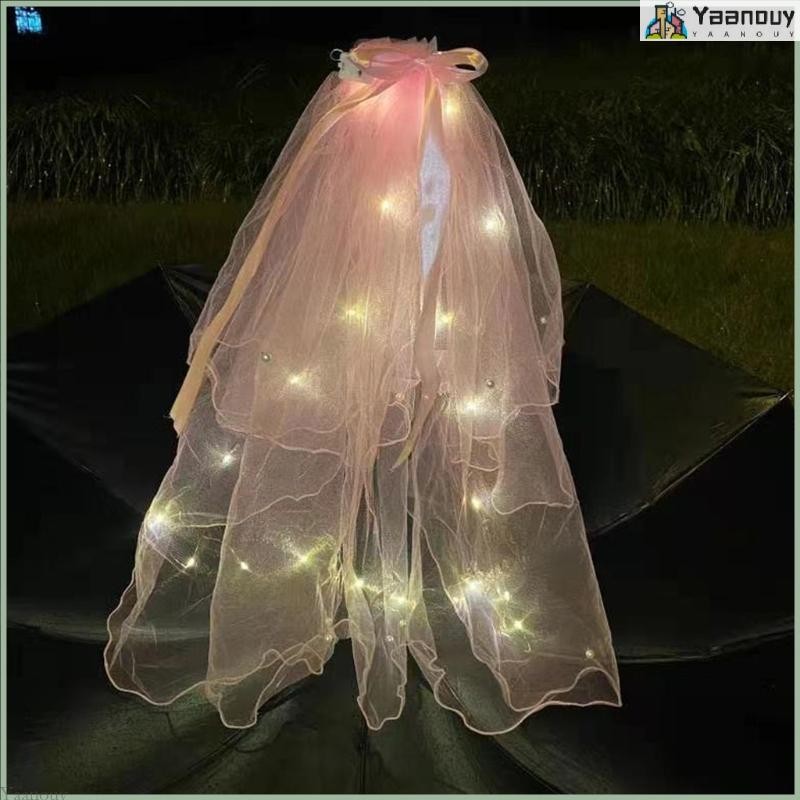 Yaa ผ้าคลุมหน้าเจ้าสาวพร้อมริบบิ้นขอบหยิกสั้น Tulle พร้อมสายไฟสําหรับงานปาร์ตี้