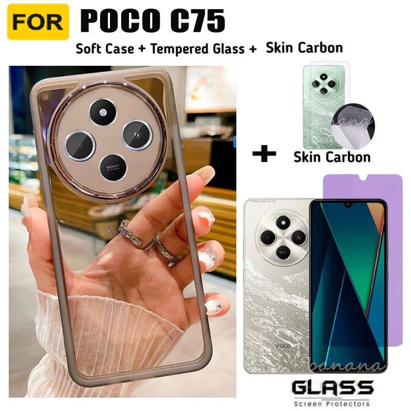 3 in 1 Poco C75 เคสโทรศัพท์ซิลิโคนกันกระแทกพร้อมกล้องสําหรับ oco C65 C61 Anti blue light ฟิล์มกระจกนิรภัย