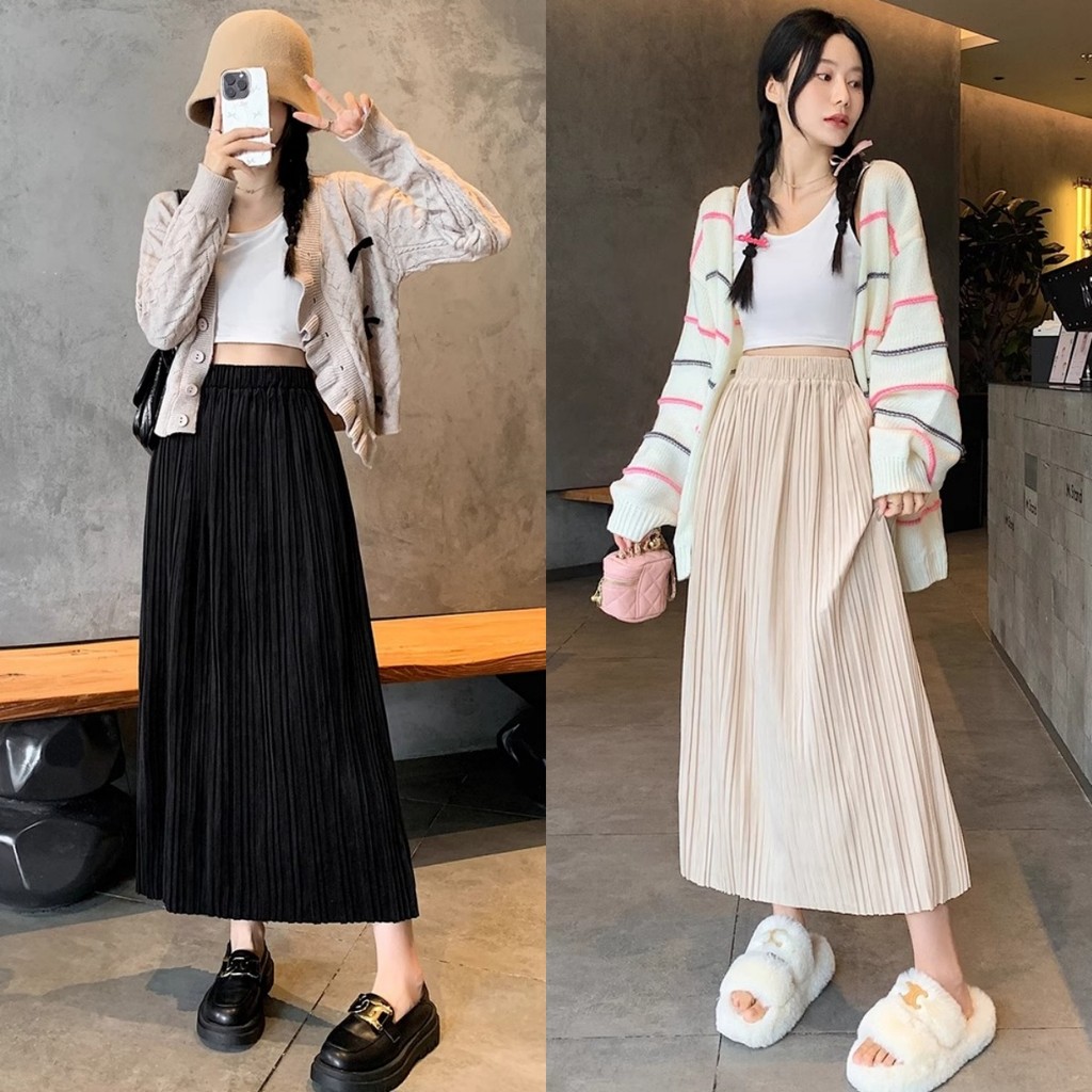 Luna Shop 2024 สไตล์ใหม่กระโปรงจีบสีดําหญิงแฟชั่นการทำตัวให้ผอมดูกระโปรงกระโปรงทรงเอ