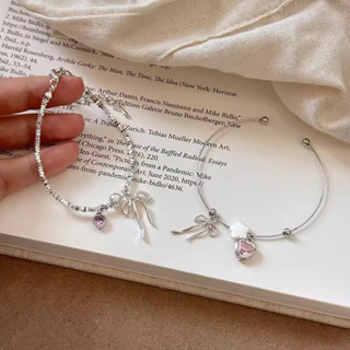 CODส่งเร็ว⚡สร้อยข้อมือ จี้รูปหัวใจ ประดับโบว์ และเพทาย สีเงิ…