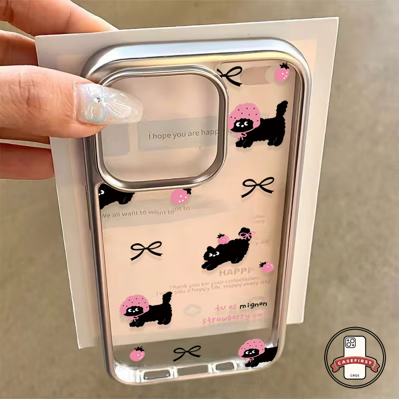 การ์ตูนตลกลูกแมวโบว์กรอบชุบไฟฟ้าใสนุ่ม เคส IPhone 15 16 11 13 14 12 Pro Max 7Plus XR X XS MAX 14 15 8 16 Plus SE 2020