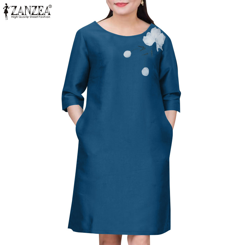 ZANZEA ซานเซีย ผู้หญิงเกาหลีลําลองลูกเรือคอ 3/4 แขนชุดดอกไม้สามมิติ