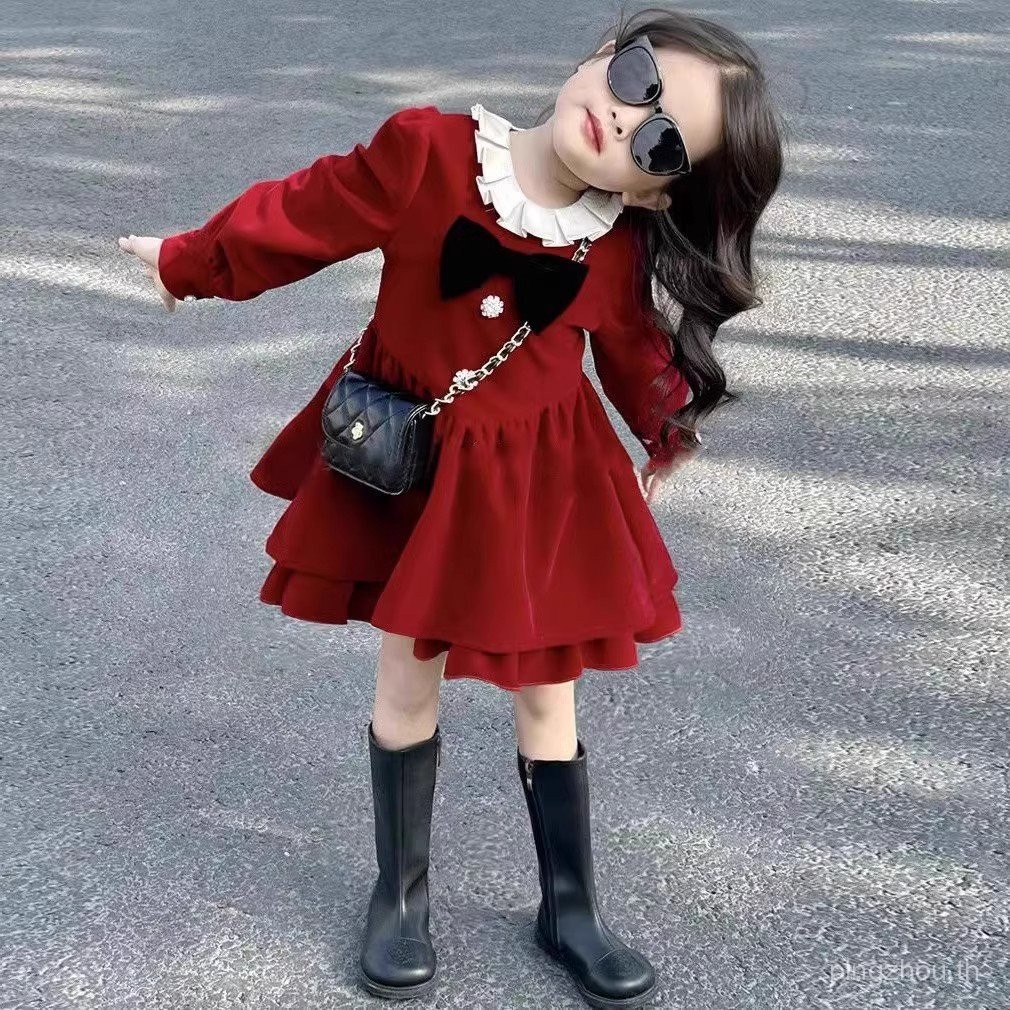 [จัดส่งในสต็อก] กระโปรงเค้กแขนยาวฤดูใบไม้ร่วงและฤดูหนาวสำหรับเด็กผู้หญิงใหม่ในฤดูใบไม้ร่วงชุด2024ปีใหม่ชุดเดรสกำมะหยี่อารมณ์เด็กชุดเจ้าหญิง