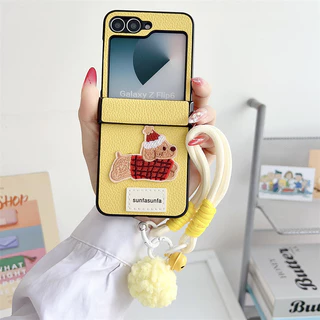น่ารักการ์ตูนสุนัขหนังบานพับกรณีพลิก Samsung Galaxy Z Flip 7 Z Flip 6 7FE Z Flip 5 Z Flip 4 ปลอก Hairball เชือกเส้นเล็กสายรัดข้อมือ Hard PC กันกระแทกกลับ Shell