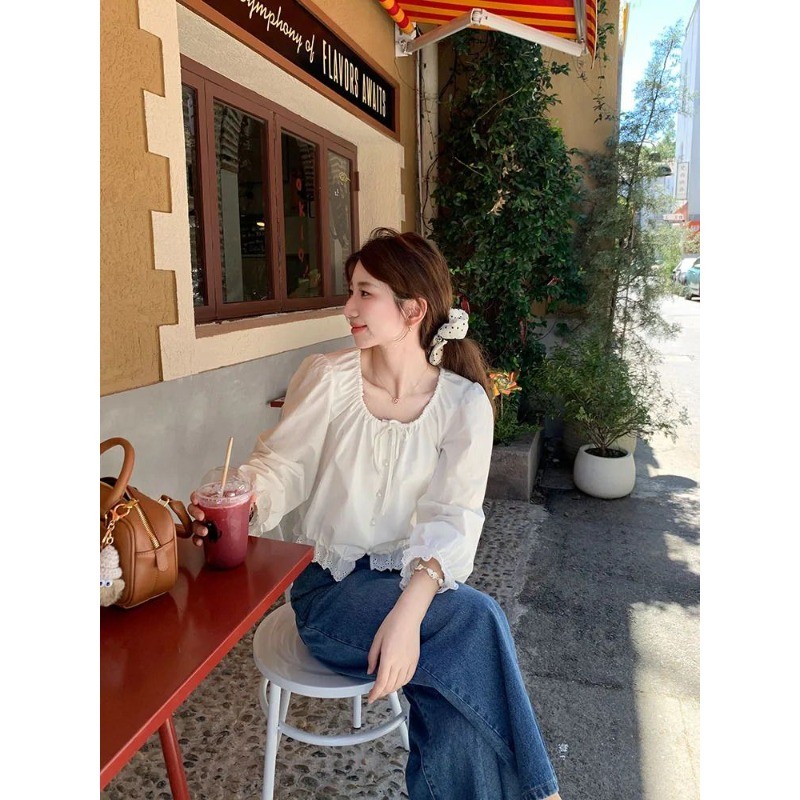🧡LINNA🧡แขนยาว ลูกไม้ เสื้อเชิ้ต สีทึบ หวาน เวอร์ชั่นเกาหลี แฟชั่น