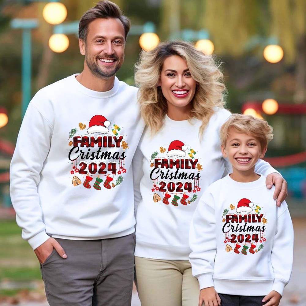 ครอบครัวคริสต์มาส 2024 Daddy Mommy Kids Family Matching เสื้อกันหนาวคอกลมแขนยาว Hoodie ชุดคริสต์มาส
