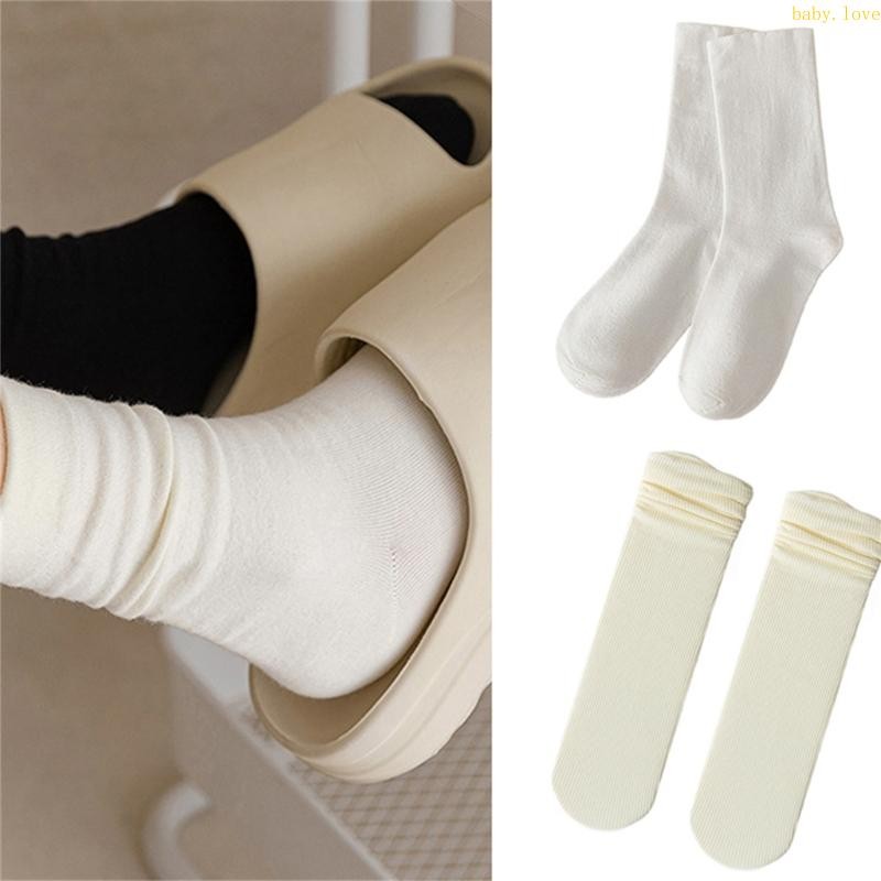 Dasbsug ผู้หญิงสาวฤดูร้อนฤดูใบไม้ผลิ Casual Cotton Slouch ถุงเท้าลูกเรือสไตล์ญี่ปุ่นสีทึบผ้าไหมน้ําแข็ง Cooling อ่างกลาง