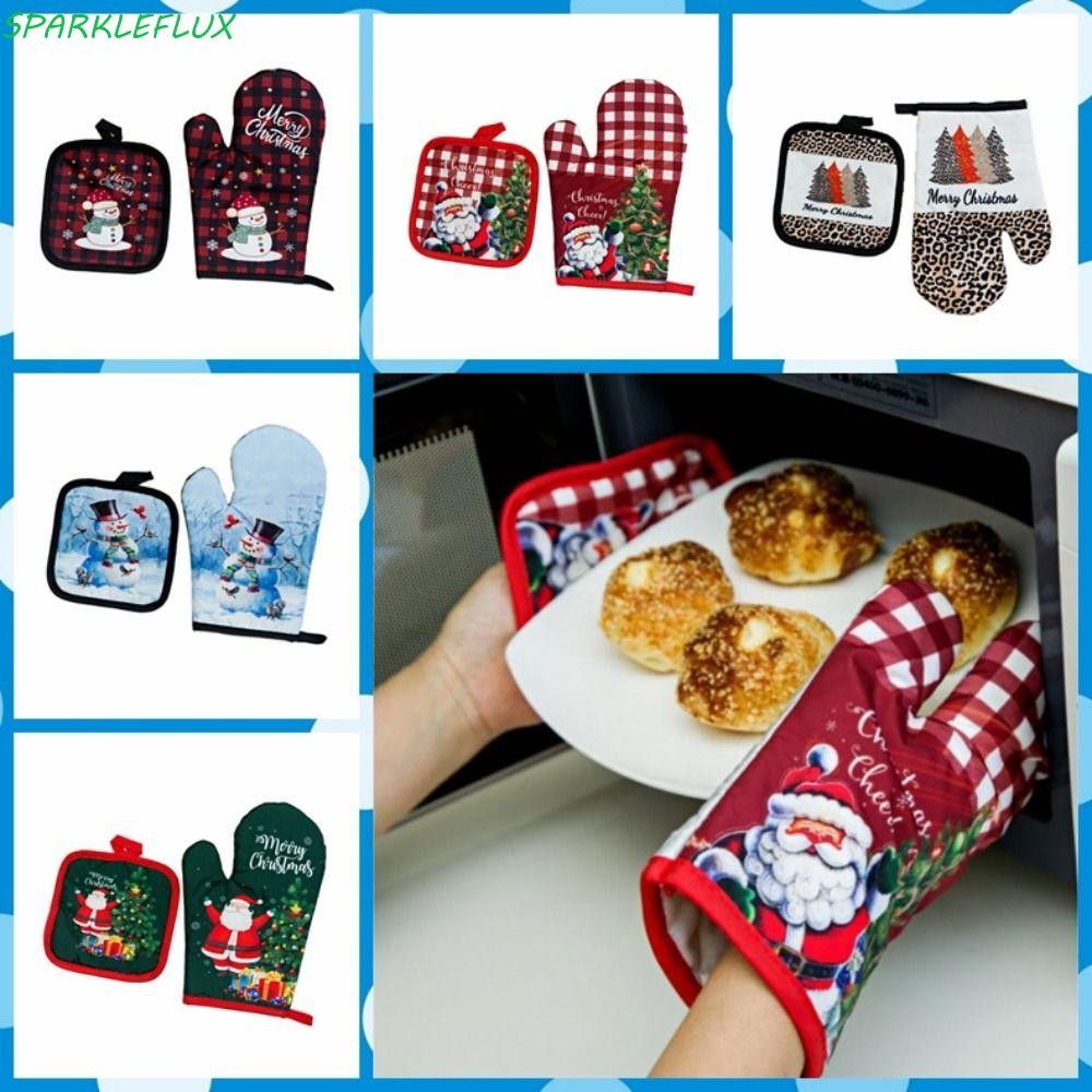 Sparklelux 2 ชิ้น/เซ็ตคริสต์มาสถุงมือไมโครเวฟ Potholder, Anti-Heat หนาคริสต์มาสเตาอบ Mitts, ของขวัญการพิมพ์ฉนวนกันความร้อน Pad หม้อ