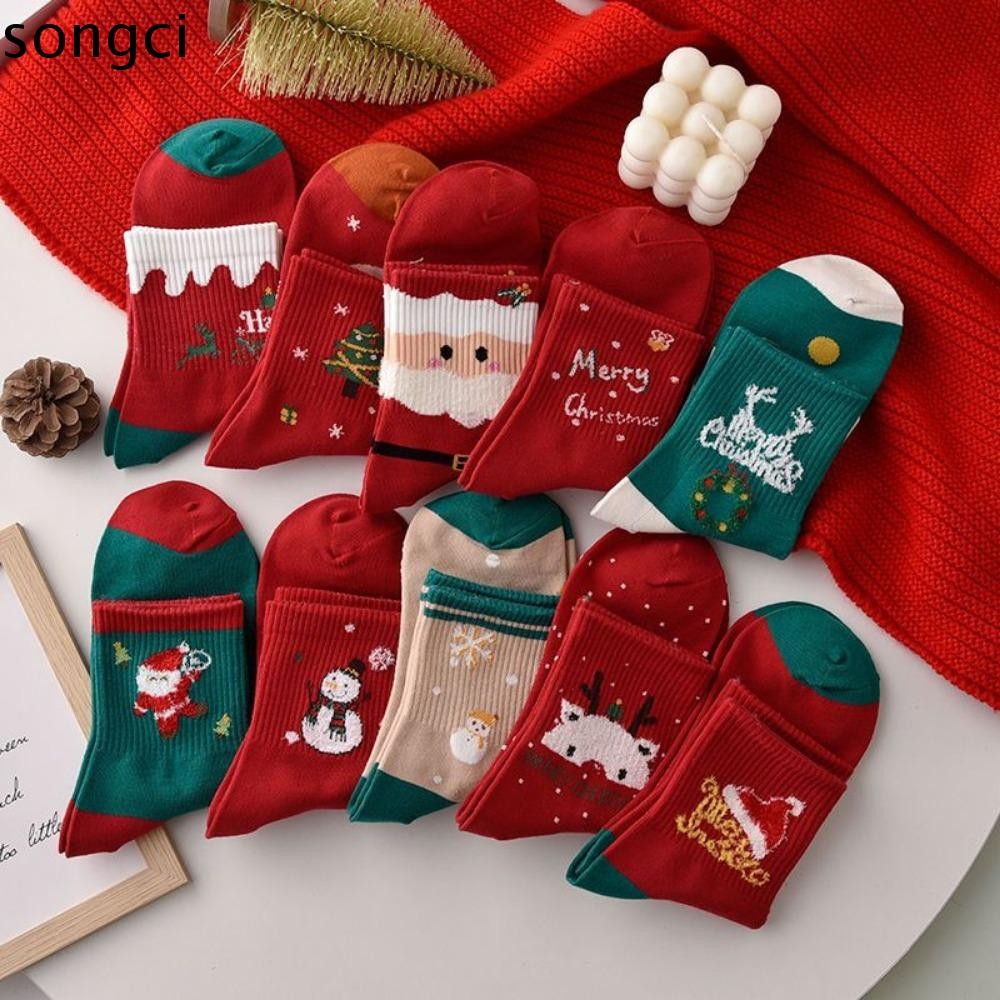 Songci 5 คู่/ล็อตถุงเท้าคริสต์มาส, Snowman Santa Claus ถุงเท้ากลางหลอด, การ์ตูนคริสต์มาสของขวัญผ้าฝ้าย Elk ถุงเท้าฤดูหนาวฤดูใบไม้ร่วง