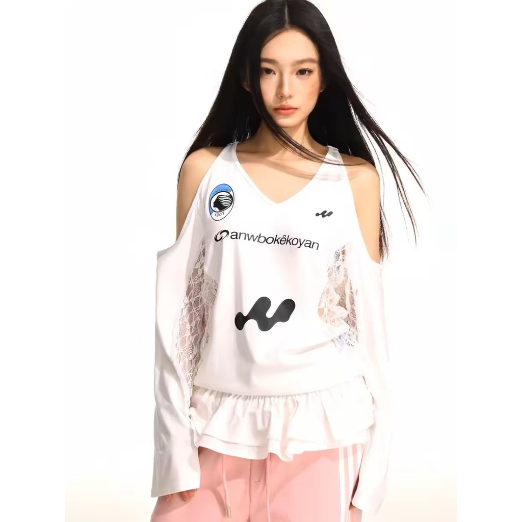 2024 การออกแบบสไตล์ใหม่ ซอก แฟชั่นกลวงพิมพ์ปิดไหล่แขนยาวเสื้อยืดด้านบนผู้หญิง