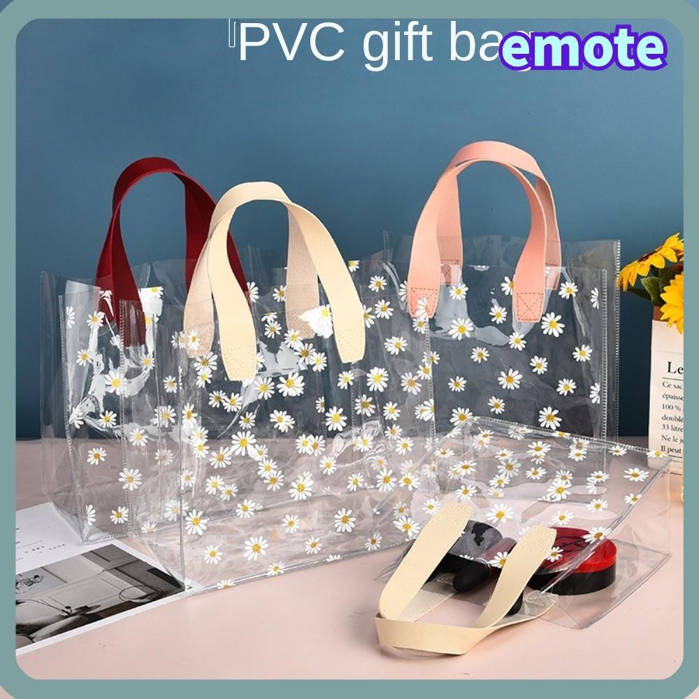 Emote กระเป๋าช้อปปิ้งใส, กระเป๋าโท้ตใสหูหิ้ว, ถุงของขวัญมือ PVC Little Daisy ความจุขนาดใหญ่