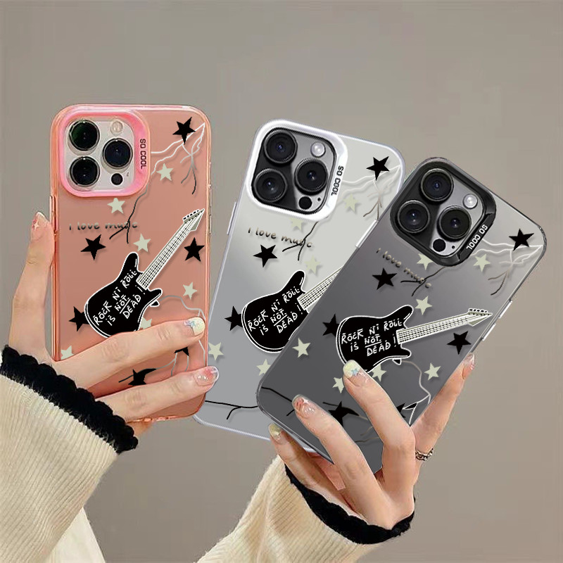 Poppa ส่งจากไทย สีดำหรูหราซิลิโคนแข็งกรณีโทรศัพท์ โบว์สีชมพู IPhone16 13 12 7Plus 14 15 11 Pro MAX X XR XS/XSMAX กีตาร์