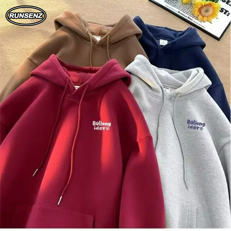 ม-5เอ็กแอล เกาหลีที่เรียบง่ายสีแดงคลุมด้วยผ้าเสื้อกันหนาวผู้ชายหนาความร้อนหลวมสบายๆขนาดบวกเสื้อกันหนาวหมวก