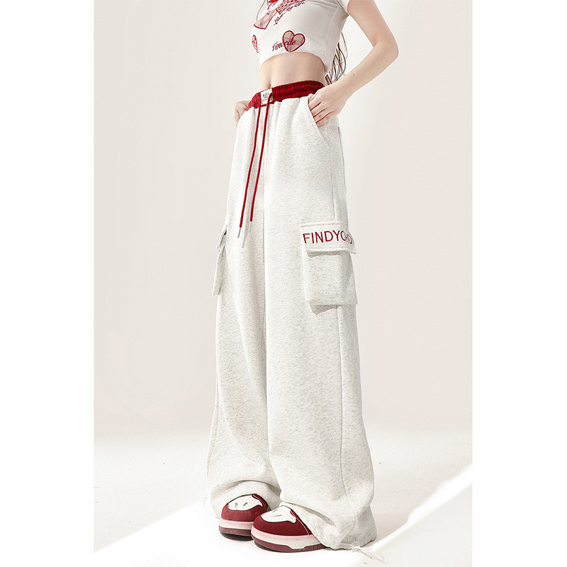 กางเกงขาตรงผู้หญิงผ้าฝ้าย drawstring เอวสูงหลวมสบายๆ