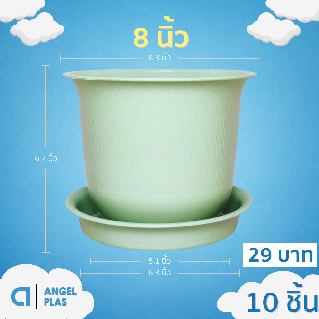 กระถาง กระถางต้นไม้ มินิมอล ถ้วยจีน+จาน ขนาด 8 นิ้ว สีเขียวพาสเทล 10 ใบ ชิ้น อัน
