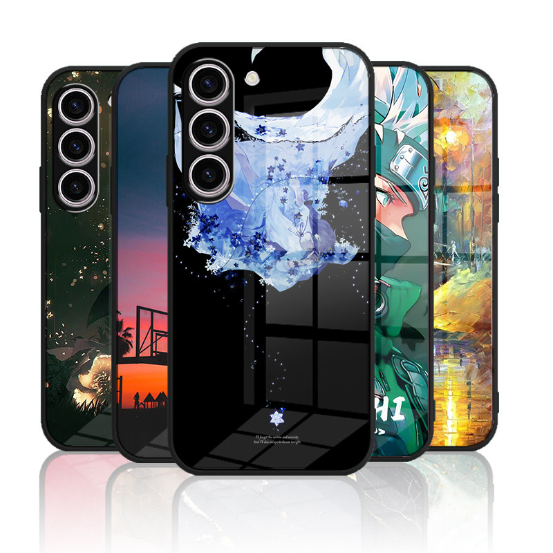 เคสกระจก Samsung Galaxy S23 S22 S23FE S24 เคสกระจกนิรภัยฮาร์ดฝาหลังขอบซิลิคอนอ่อน