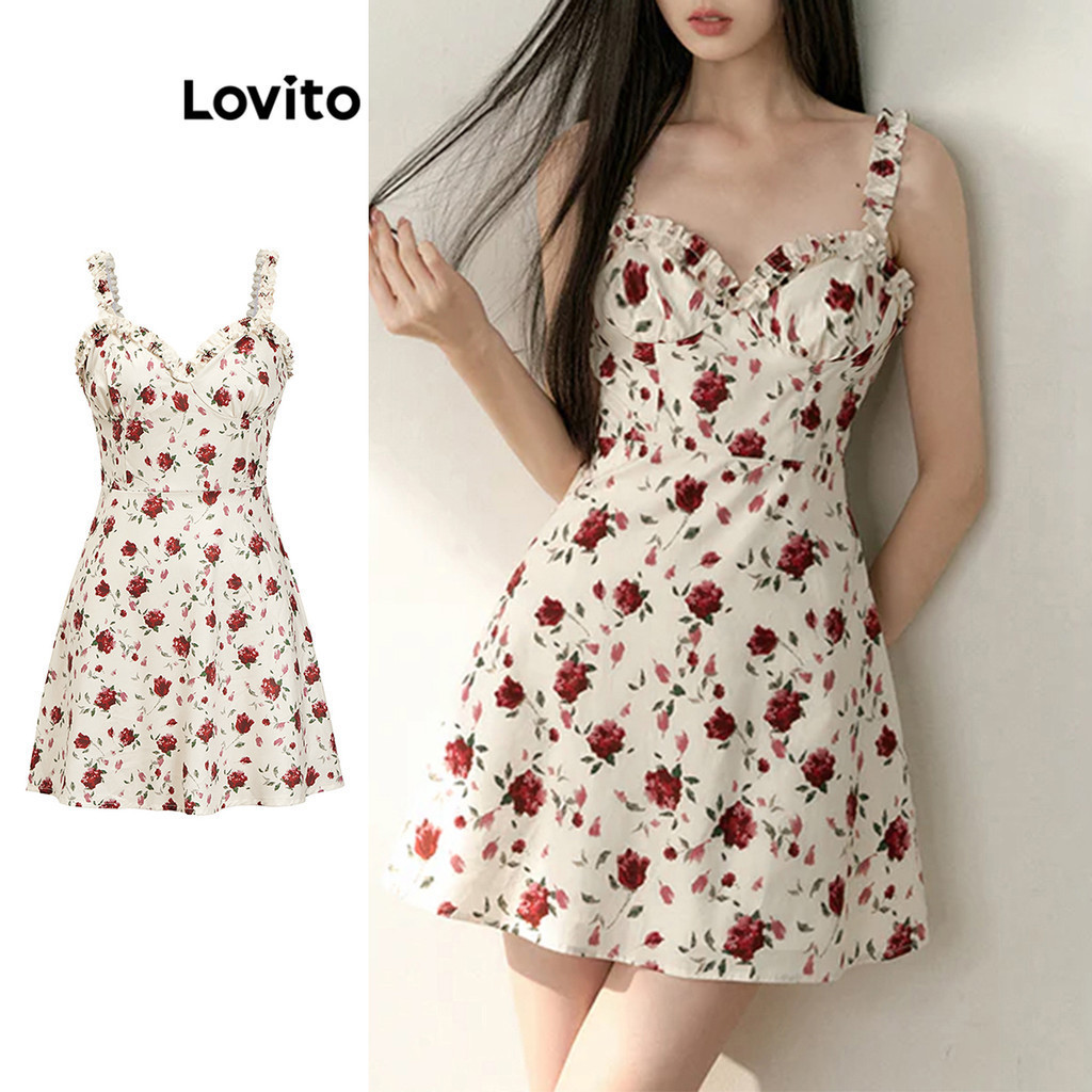 Lovito ชุดเดรสผู้หญิง แต่งระบาย ลายดอกไม้ สไตล์วินเทจ L86ED221