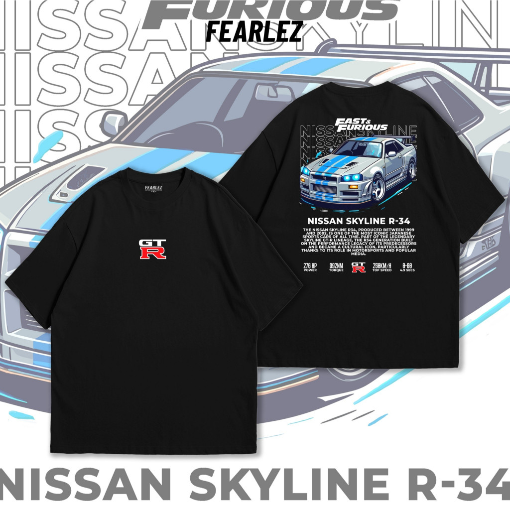 จัดส่งที่รวดเร็ว🔥 เสื้อยืด 𝐅𝐄𝐀𝐑𝐋𝐄𝐙 (FL002) - Skyline GTR R34 V.2 เสื้อรถเสื้อยืดคอกลม ผ้าCotton 100%