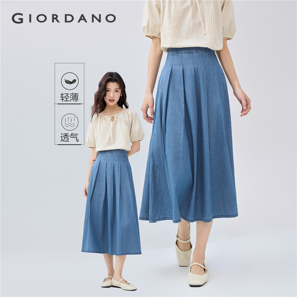 GIORDANO WOMEN 100% Cotton lightweight pleated denim long skirt 05465099