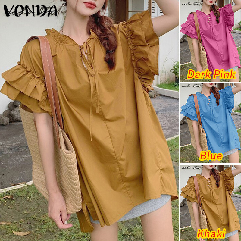 Vonda ผู้หญิงเกาหลีลําลองรอบคอ Ruffle แขนสั้น Lace Up Blouse — صورة 3
