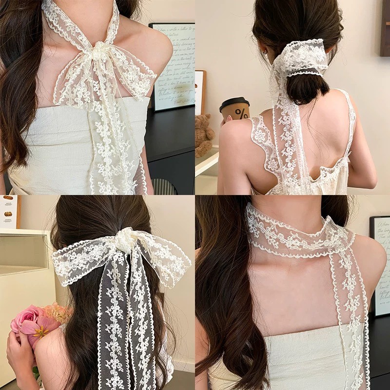 แฟชั่นลูกไม้ ริบบิ้นลูกไม้ ผ้าพันคอ โทนสีครีม ตกแต่งทรงผม มาใหม่