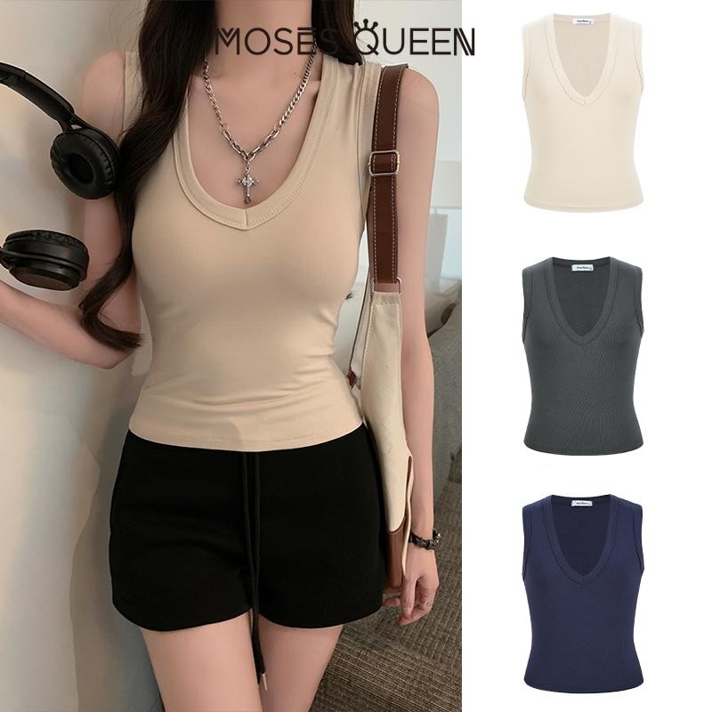 MOSESQUEEN เสื้อกั๊กแปรงเซ็กซี่ ไหล่กว้างพร้อมแผ่นรองหน้าอก เสื้อด้านในฤดูหนาวกระชับสัดส่วน #62839