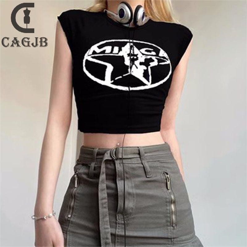 [SSNE] ฤดูร้อน American Retro Star พิมพ์เสื้อยืดผู้หญิงรอบคอแขนสั้น Crop Top UOM