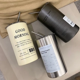 MUKUKU แก้วเก็บความเย็น กระติกน้ำร้อน แก้วกาแฟ สเตนเลส พร้อมหลอดดูด กระติกเก็บความเย็น ความจุขนาดใหญ่ 600ml/20oz