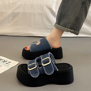 รองเท้าแตะผ้าใบผ้ายีนส์หัวกลมสไตล์เกาหลีพื้นหนาสำหรับผู้หญิง…