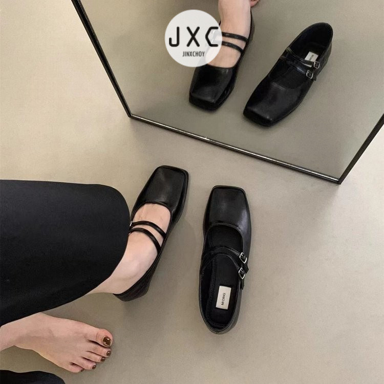 ฝรั ่ งเศสสแควร ์ Toe สีทึบแบนบัลเล ่ ต ์ รองเท ้ าแบน PU แบนหัวเข ็ มขัดแฟชั ่ นส ้ นต ่ ําแบน Mules ผู ้ หญิง