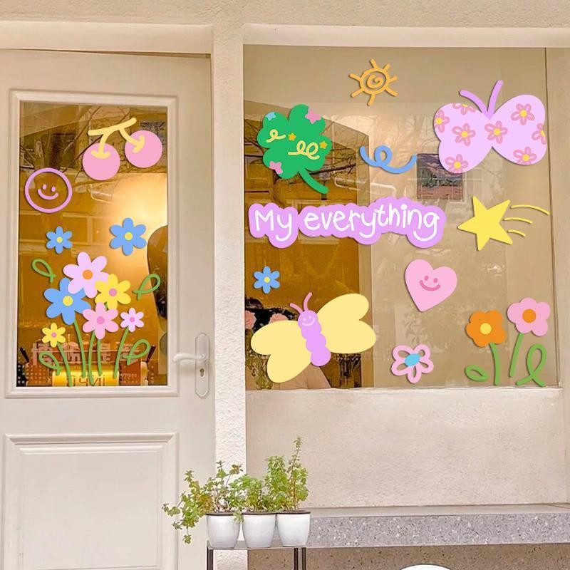 สติ๊กเกอร์ติดประตูกระจก การ์ตูนโบว์ดอกไม้หน้ายิ้มรูปแบบนมชาร้านขายเสื้อผ้าร้านอาหารหน้าต่าง ง เอแคลส์ กาวฟรีสติกเกอร์ไฟฟ้าสถิตสติกเกอร์สูญ