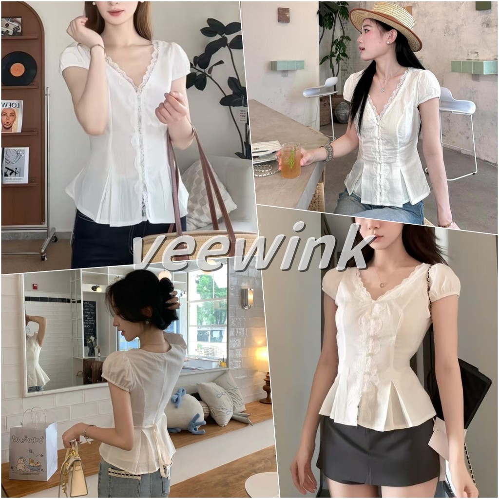Veewink พร้อมส่งจากกทม เสื้อเชิ้ตแขนสั้นลูกไม้ สไตล์ฝรั่งเศส ทรงกระชับเอว ใส่ดูเพรียวบาง