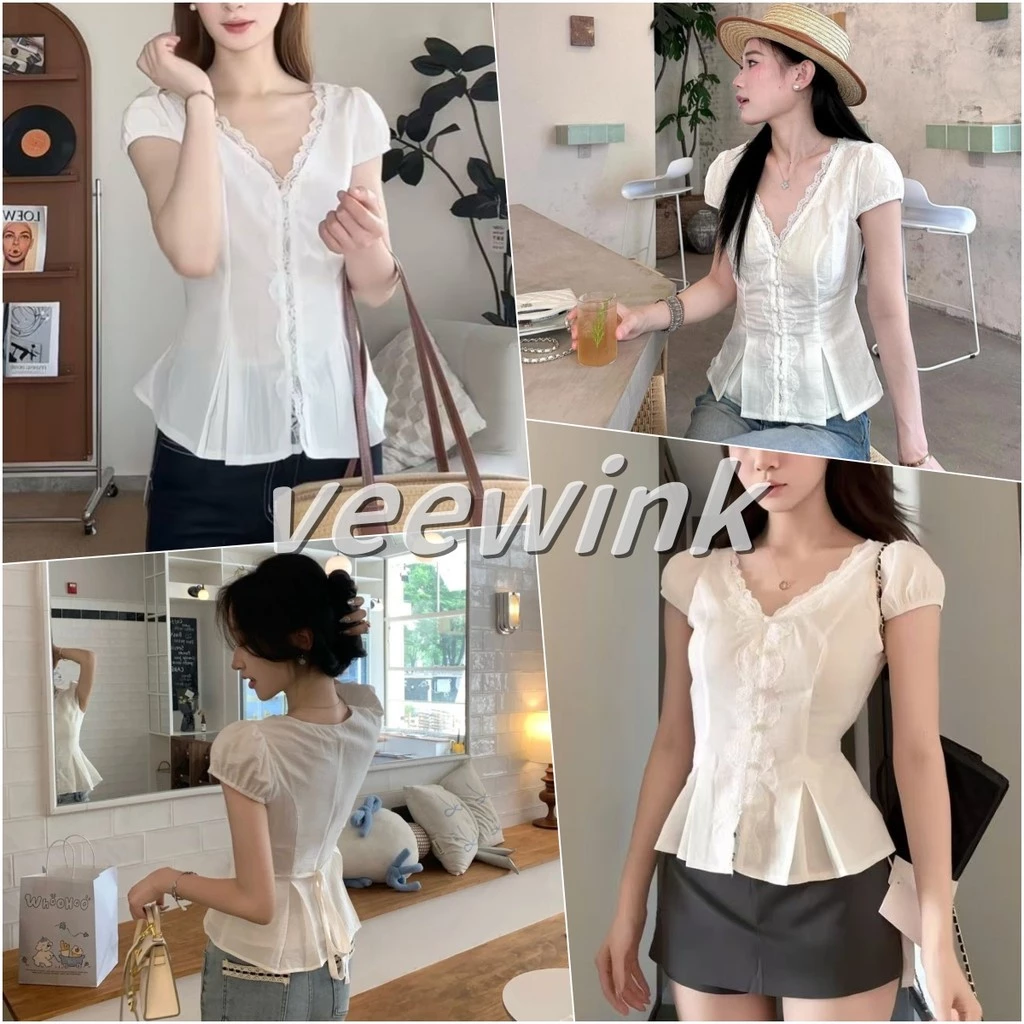 Veewink พร้อมส่งจากกทม เสื้อเชิ้ตแขนสั้นลูกไม้ สไตล์ฝรั่งเศส ทรงกระชับเอว ใส่ดูเพรียวบาง